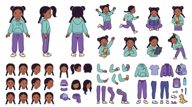 Comprehensive Female Child Character Creator Kit for Animation Featuring Front Side and Back View Perspectives Cute Young Girl in Modern Apparel Diverse Poses and Anatomical Body Parts Set