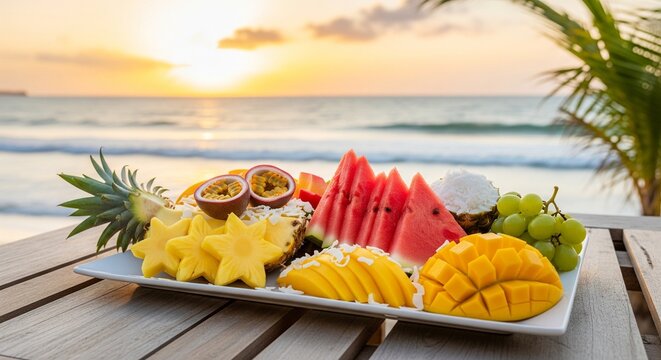 A delicious platter of fresh tropical fruits including watermelon, mango, starfruit, passion fruit, and grapes on a wooden table at sunset with the beach and ocean background.