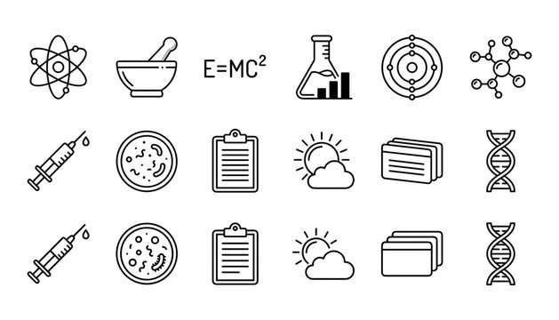 Modern science icons collection with atom beaker DNA and syringe in clean flat design