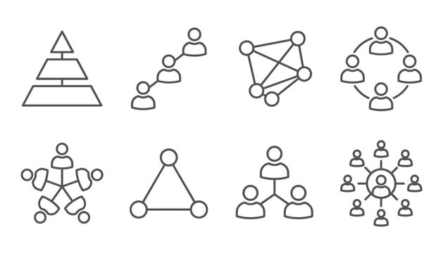 Organizational chart diagrams with people icons in various connection structures on white background