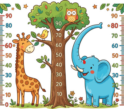 Cute animal height chart for children featuring giraffe, elephant and tree growth meter cartoon vector illustration
