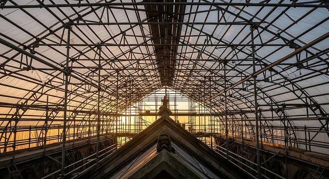 Massive metal scaffolding roof structure over a historic building for restoration showcasing complex construction engineering and safety measures during sunset