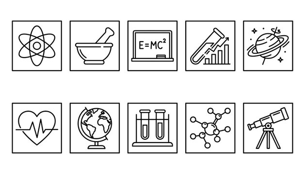 Science icons in a grid with atom mortar chalkboard test tubes planet heartbeat globe molecules and telescope