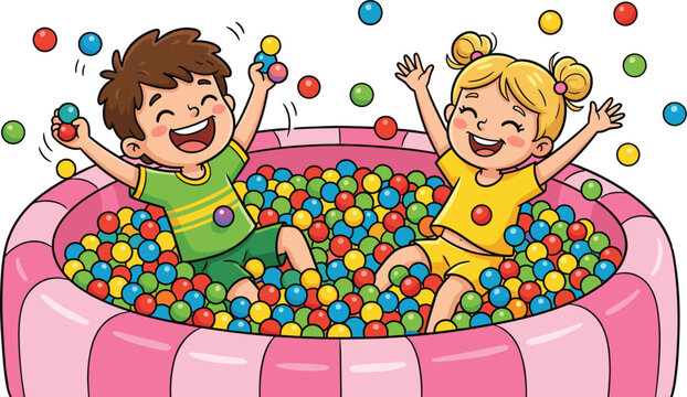 Happy children playing in colorful ball pit playground cartoon vector illustration for kids fun activities