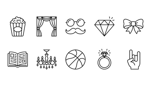 Set of clean line icons on white background representing entertainment and celebration themes