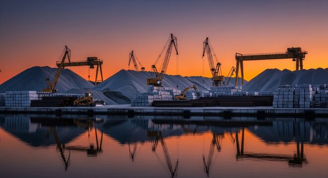 Industrial port terminal with cranes and piles at sunset reflection