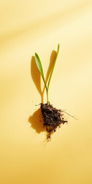 Seedling with exposed root ball suspended over yellow background