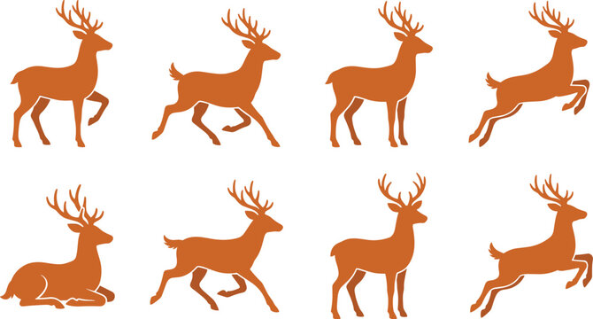 Deer silhouette collection with standing, running and jumping poses isolated wildlife vector illustration set