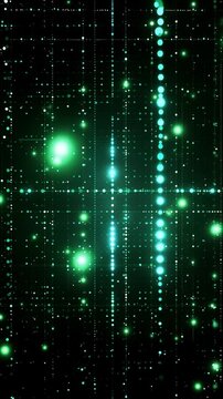 Futuristic Digital Grid Background with Glowing Green Particles and Data Connectivity Network Loop