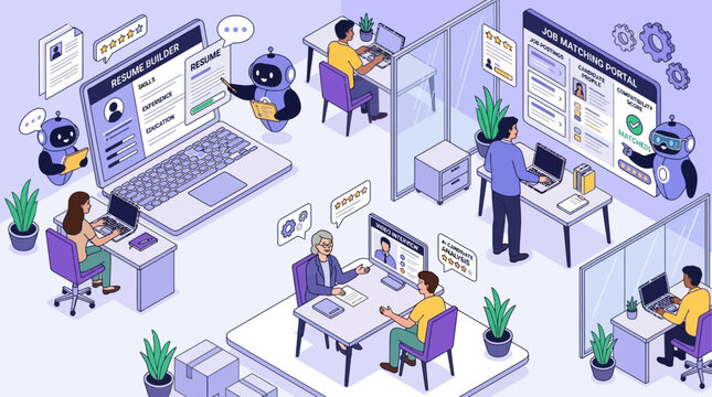 Isometric vector illustration depicting human recruitment concept where person utilizes artificial intelligence technology to build digital resume for employment search and job interview process.