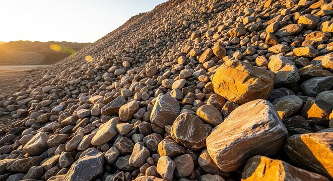 A large pile of large stones and boulders on a construction site during a bright sunset. The warm evening sun illuminates the rocky background
