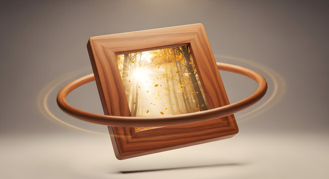 Wooden frame with autumn forest and orbiting ring