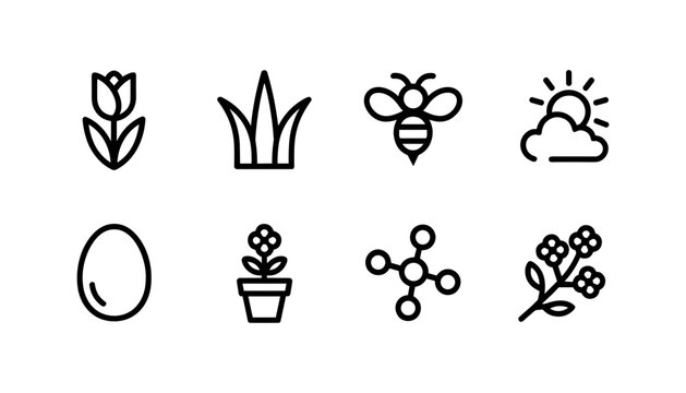Spring icons with tulip grass bee egg plant molecule and sun for nature concepts
