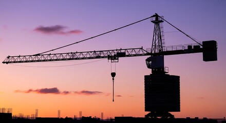 Obraz premium Silhouette of a massive tower crane standing against a colorful purple and orange twilight sky with soft clouds at dusk