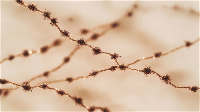 Tau protein fibril strands illustrated as dark knotted threads tangling across pale neurons on a cream background, resembling aged paper with scientific annotation marks, ideal for Alzheimer