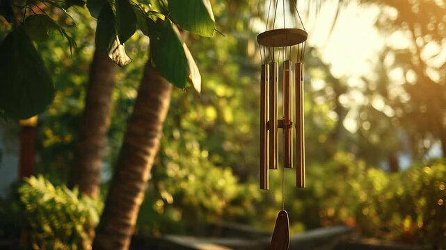 Bamboo wind chimes hanging in tropical garden at sunset