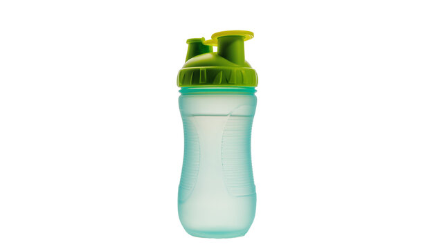 Aqua blue plastic sippy cup with green lid and yellow spout, isolated on transparent background
