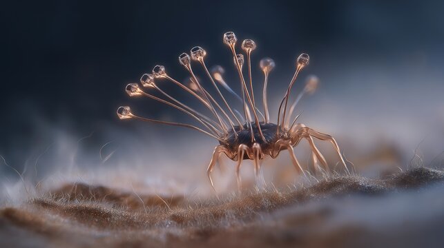 Multielectrode array probe tip magnified in scanning electron microscope detail, metallic prongs splayed like a crown above a neural tissue surface, dark background with silver gradients, perfect