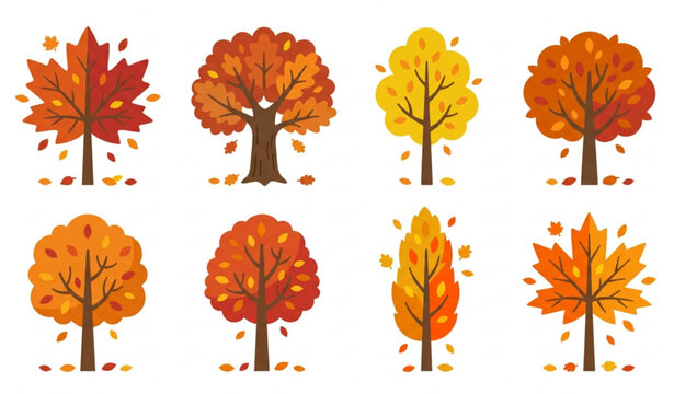 Autumn fall tree vector set with colorful seasonal foliage isolated on white background