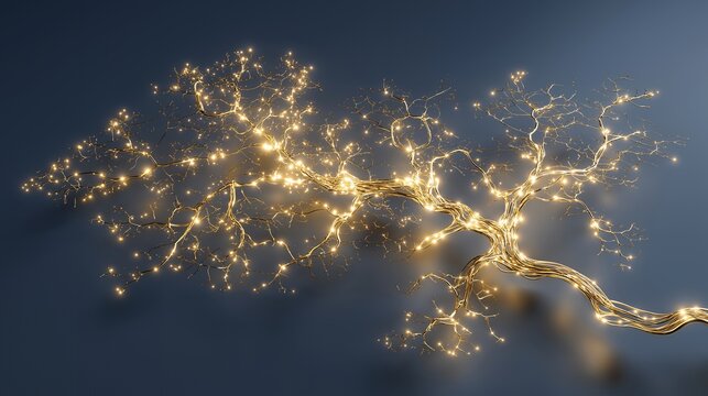 Dopamine pathway diagram rendered as luminous gold circuits threading through a stylized limbic system, warm amber tones contrasting a deep navy background in an elegant science visualization,