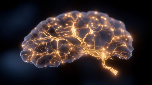 Dopamine pathway diagram rendered as luminous gold circuits threading through a stylized limbic system, warm amber tones contrasting a deep navy background in an elegant science visualization,