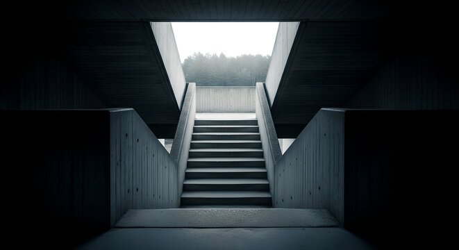 concrete staircase leading to bright opening architectural photography