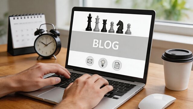 Person typing on laptop with blog interface, chess pieces symbolizing strategy, coffee cup and clock on desk, content creation concept for digital marketing and online writing