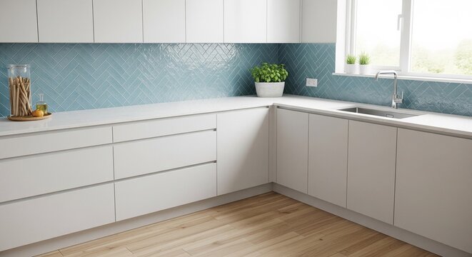 Bright contemporary white kitchen with an L-shaped counter, stainless steel sink, and a blue chevron textured tile backsplash under a window