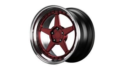 Naklejka premium Shiny chrome and deep red five-spoke car wheel rim, isolated on transparent background