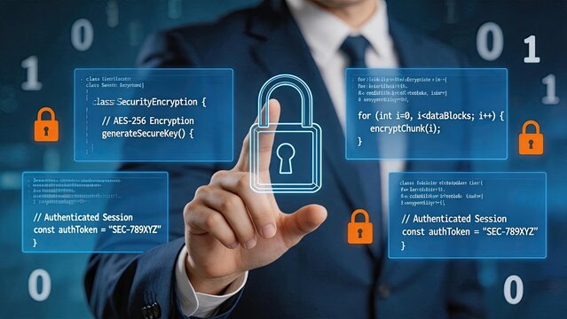 Businessman touching holographic security lock, AES-256 encryption code, authenticated session token, digital data protection concept for cybersecurity and IT infrastructure