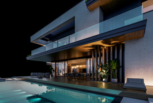 3d rendering of two-story house with parking and pool for sale or rent with concrete facade and beautiful landscaping on background. Clear night isolated on black