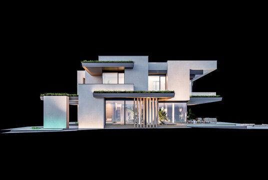 3d rendering of two-story house with parking and pool for sale or rent with concrete facade and beautiful landscaping on background. Clear night isolated on black