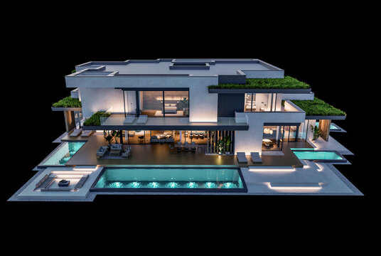 3d rendering of two-story house with parking and pool for sale or rent with concrete facade and beautiful landscaping on background. Clear night isolated on black