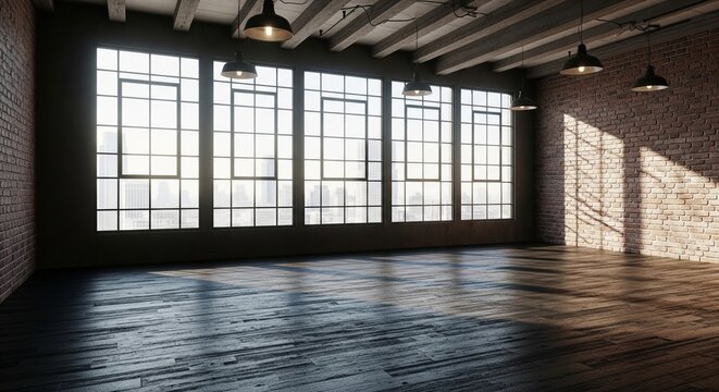 Spacious empty brick loft room with large windows and sunlight