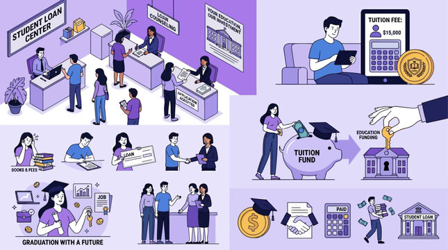 Comprehensive Flat Vector Illustration Set of University Students Investing Money into Education and Obtaining Academic Loans from Banking Institutions for Tuition Fees and College Costs