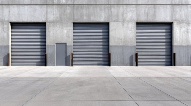 A minimalistic industrial facade featuring three shutter doors with a concrete backdrop