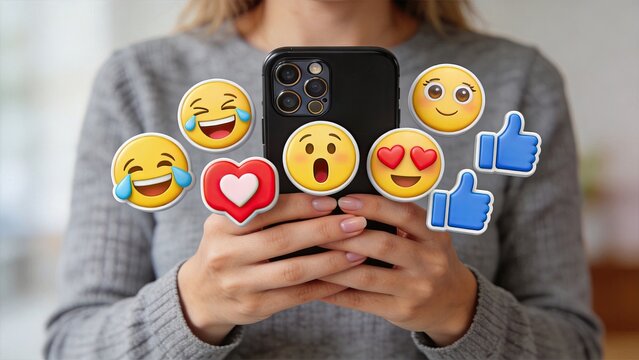 Woman holding smartphone surrounded by floating social media reaction emojis including laughing crying heart eyes surprised face and thumbs up like buttons, digital communication