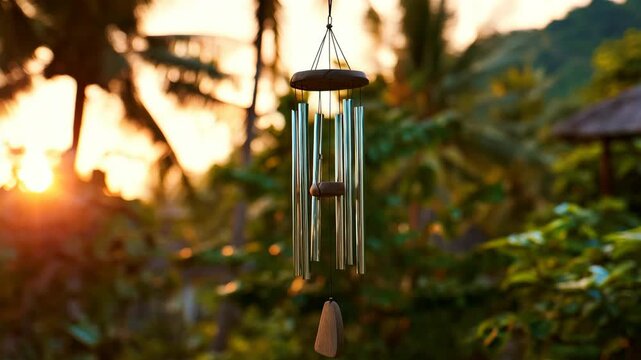 Metal wind chime swaying in tropical garden at sunset