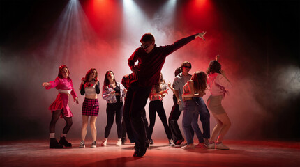 Fototapeta premium Male lead dancer performing in front of energetic group under red stage lights. Concept of dance crew promo, live show poster, music festival visuals and nightlife campaign.