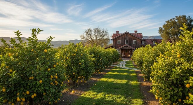 A sunny daytime view of a neat lemon orchard with rows of green trees full of yellow fruits, leading to a rustic wooden farmhouse.