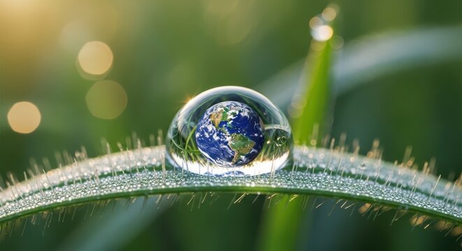 Water droplet showing earth reflection on green grass