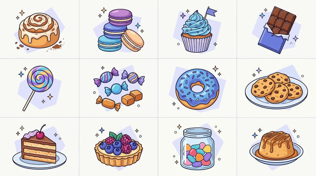 Assorted Sweet Dessert Collection Featuring Delicious Pastries Candies Lollipops Chocolate Cupcakes Cinnamon Rolls and Cakes in a Modern Cartoon Vector Illustration for Bakery and Confectionery