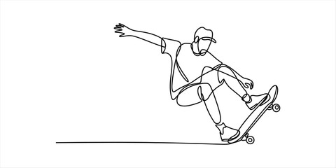 Young man riding a skateboard doing a trick drawn in a simple continuous single line art style for a modern minimalist graphic design illustration project Vector, illustration © Ratna Art_Gallery