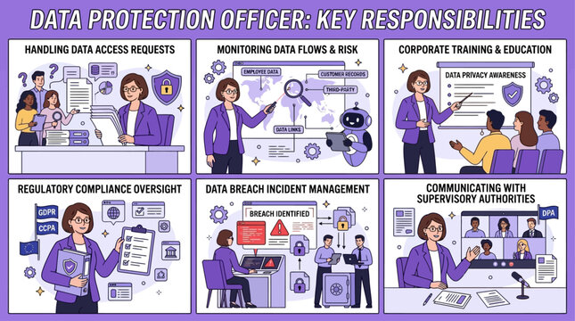 Professional data protection officer monitoring digital security compliance and privacy regulations in a modern corporate office environment with network firewall technology and encryption.