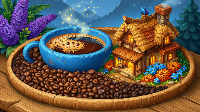Cozy miniature fairytale house with a steaming blue coffee cup and coffee beans