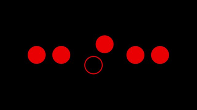 Loading Progress Dots Interface with Red Circular Indicators and Hollow Active Dot on Black Dark Background Representing Minimal Status Animation Design.