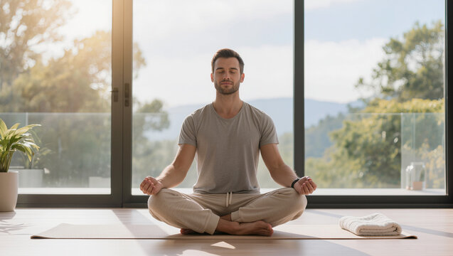 Man Meditating in Lotus Position by Window with Sunbeams, Achieving Mindfulness