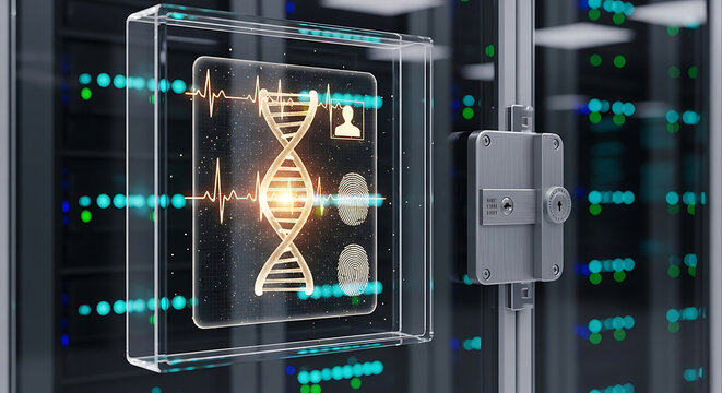 HIPAA Compliance and Medical Data Privacy Concept Featuring Biometric Security DNA Helix and Heartbeat Interface in a Secure HighTech Server Room