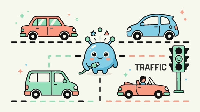 Cars on the road with traffic light.