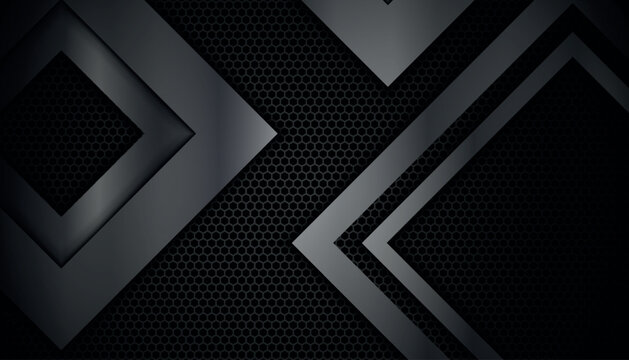 Dark abstract background with overlapping shiny metallic square shapes. Modern design with futuristic hexagonal grid pattern background. Vector illustration.
